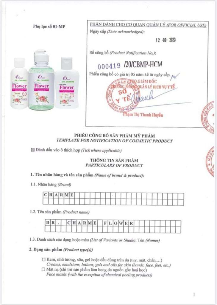 Công bố gel rửa tay khô Dr Charme Flower của Bộ Y tế