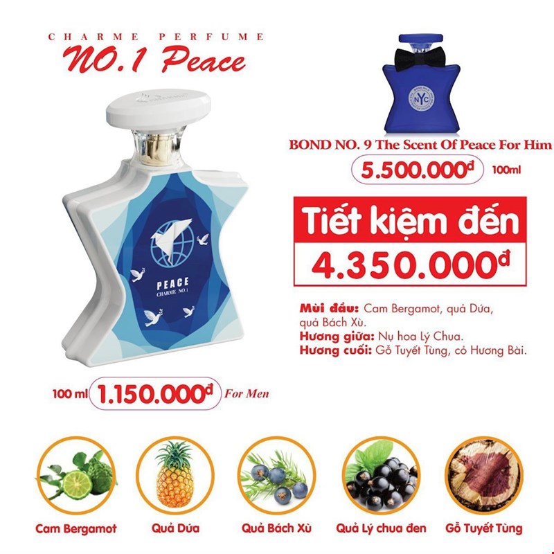 Mùi hương của Charme NO.1 Peace 100ml hương chuẩn như hương Bond No 9 The Scent Of Peace For Him 100ml nổi tiếng của Mỹ
